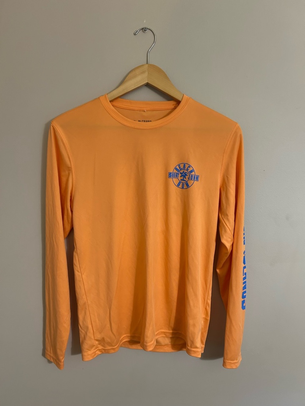 Men's Long-Sleeve Swim Tee in Bright Orange with Blue Logo